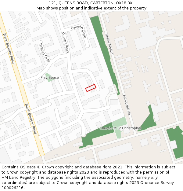 121, QUEENS ROAD, CARTERTON, OX18 3XH: Location map and indicative extent of plot