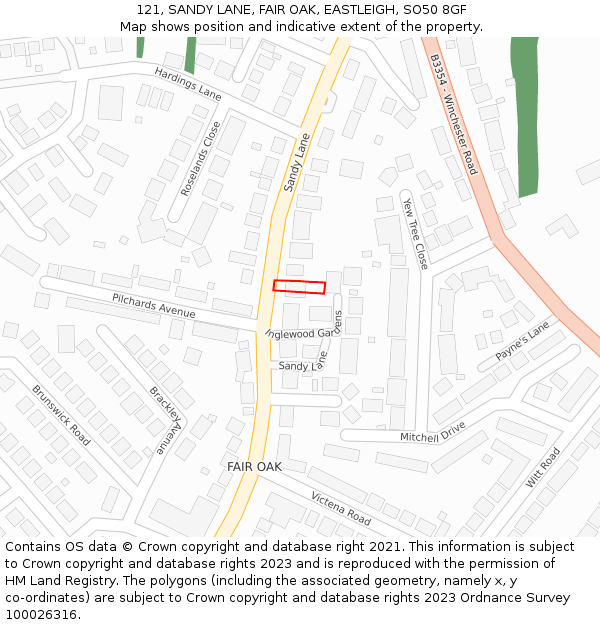 121, SANDY LANE, FAIR OAK, EASTLEIGH, SO50 8GF: Location map and indicative extent of plot