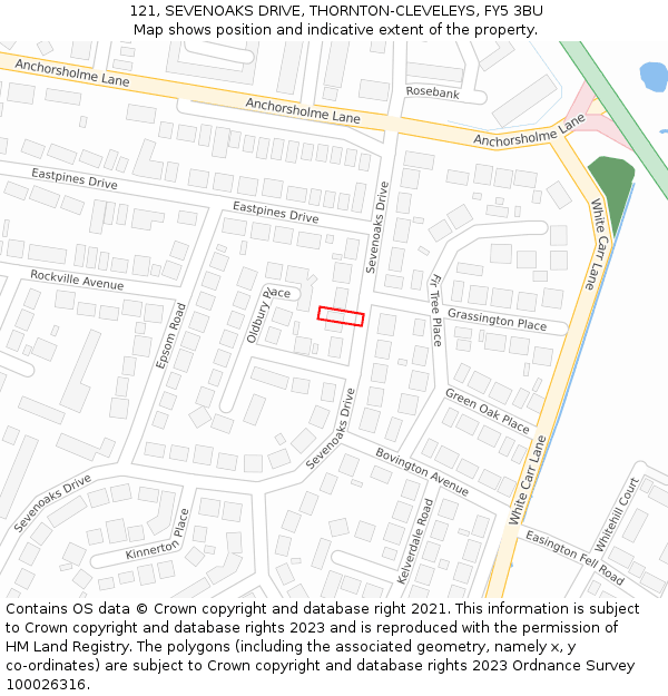 121, SEVENOAKS DRIVE, THORNTON-CLEVELEYS, FY5 3BU: Location map and indicative extent of plot