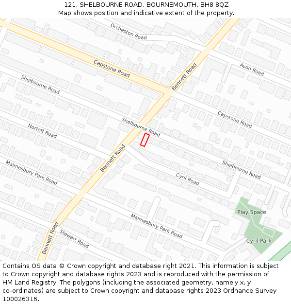 121, SHELBOURNE ROAD, BOURNEMOUTH, BH8 8QZ: Location map and indicative extent of plot