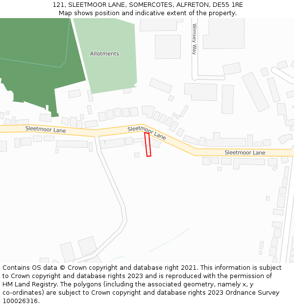 121, SLEETMOOR LANE, SOMERCOTES, ALFRETON, DE55 1RE: Location map and indicative extent of plot