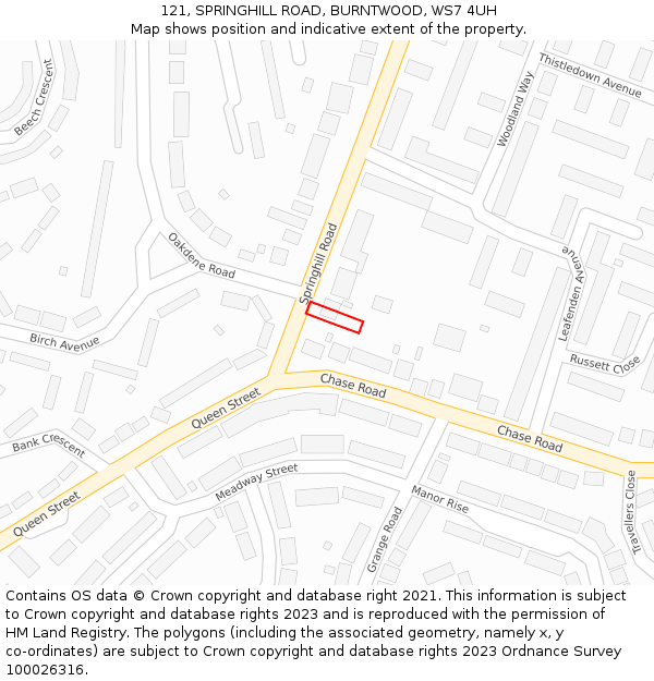121, SPRINGHILL ROAD, BURNTWOOD, WS7 4UH: Location map and indicative extent of plot