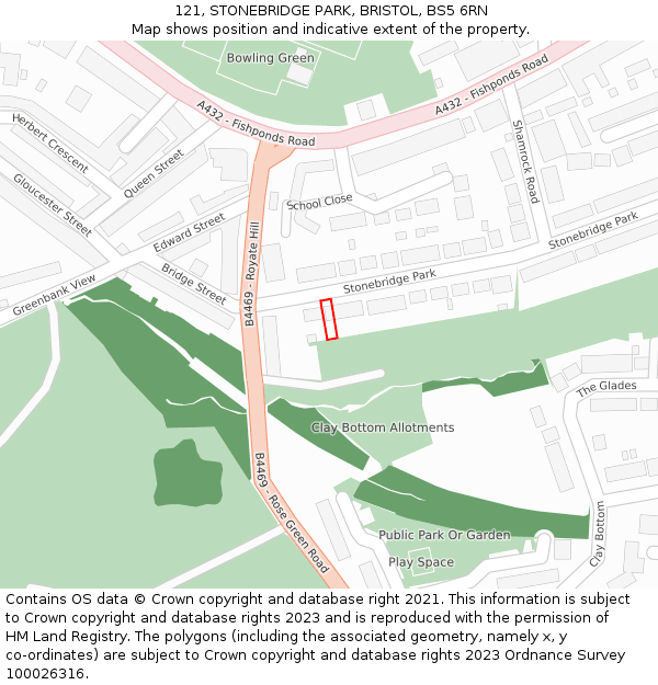 121, STONEBRIDGE PARK, BRISTOL, BS5 6RN: Location map and indicative extent of plot