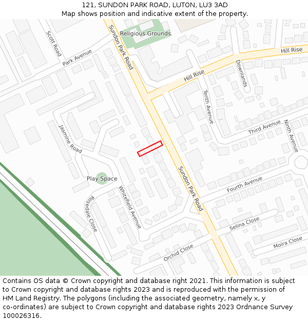 121, SUNDON PARK ROAD, LUTON, LU3 3AD: Location map and indicative extent of plot