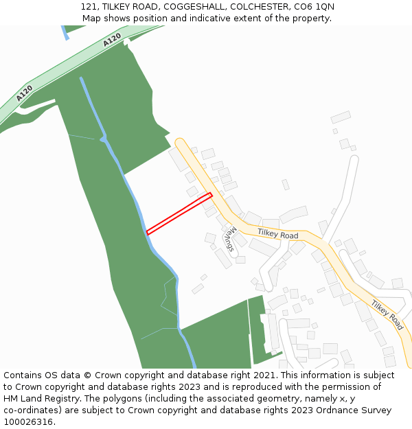 121, TILKEY ROAD, COGGESHALL, COLCHESTER, CO6 1QN: Location map and indicative extent of plot