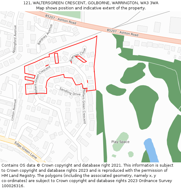 121, WALTERSGREEN CRESCENT, GOLBORNE, WARRINGTON, WA3 3WA: Location map and indicative extent of plot