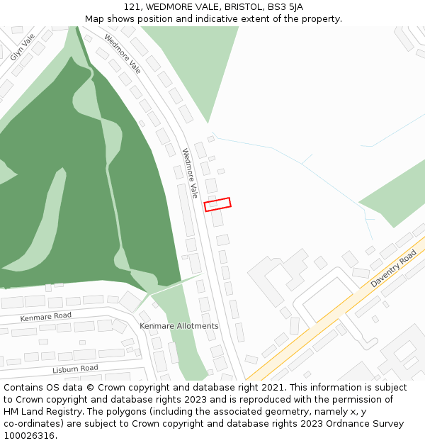 121, WEDMORE VALE, BRISTOL, BS3 5JA: Location map and indicative extent of plot