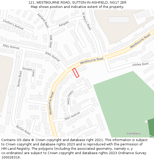 121, WESTBOURNE ROAD, SUTTON-IN-ASHFIELD, NG17 2ER: Location map and indicative extent of plot