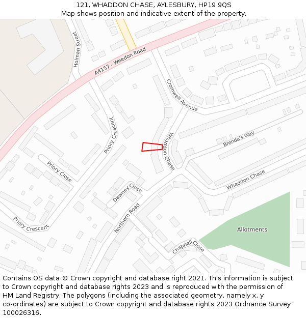121, WHADDON CHASE, AYLESBURY, HP19 9QS: Location map and indicative extent of plot