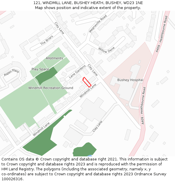 121, WINDMILL LANE, BUSHEY HEATH, BUSHEY, WD23 1NE: Location map and indicative extent of plot