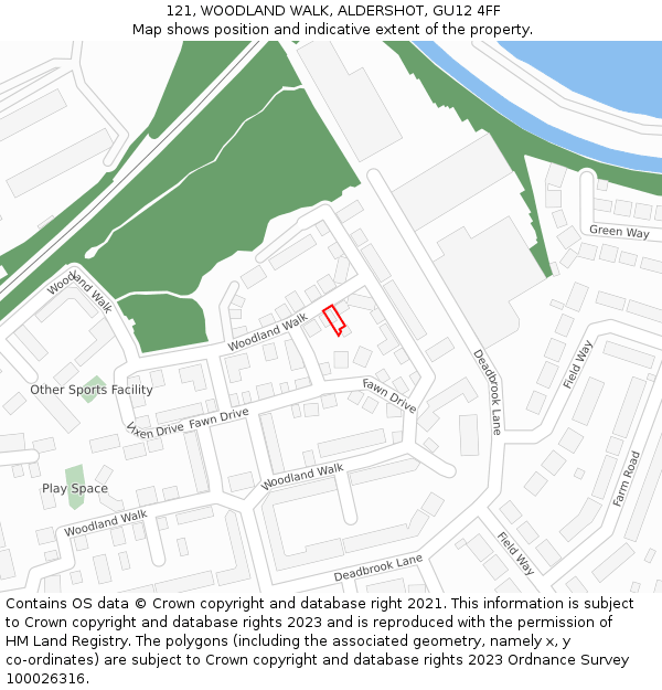 121, WOODLAND WALK, ALDERSHOT, GU12 4FF: Location map and indicative extent of plot