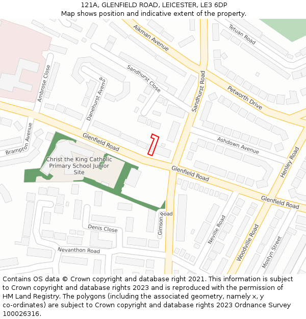 121A, GLENFIELD ROAD, LEICESTER, LE3 6DP: Location map and indicative extent of plot