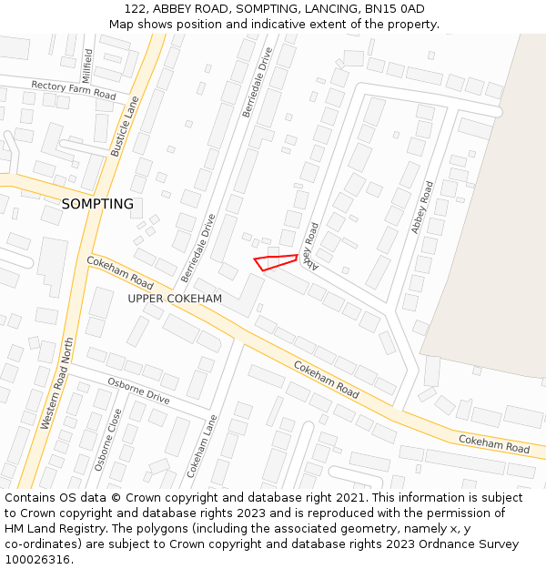 122, ABBEY ROAD, SOMPTING, LANCING, BN15 0AD: Location map and indicative extent of plot