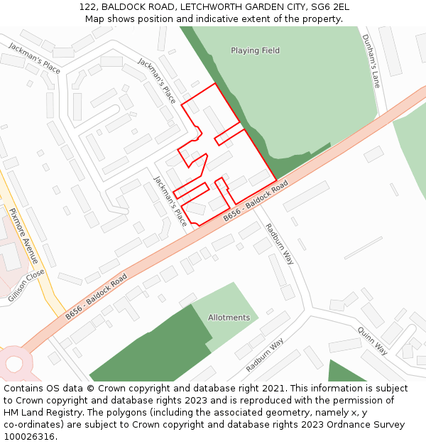 122, BALDOCK ROAD, LETCHWORTH GARDEN CITY, SG6 2EL: Location map and indicative extent of plot