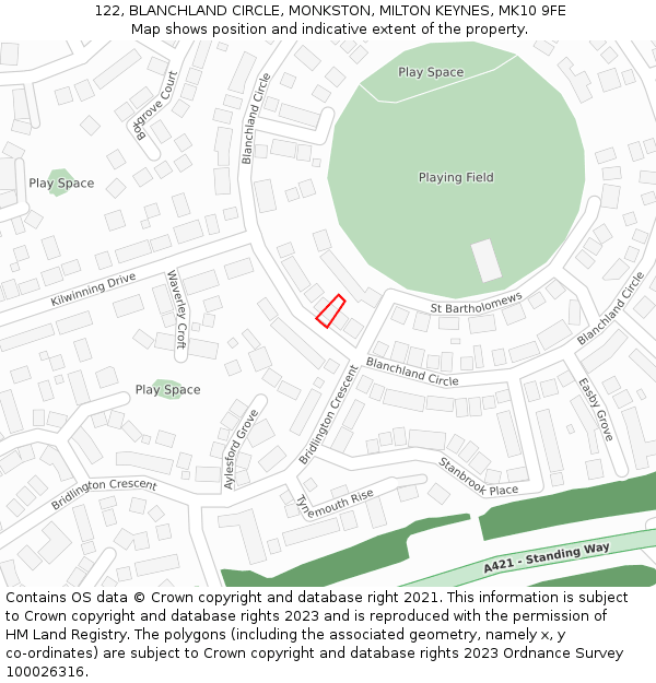 122, BLANCHLAND CIRCLE, MONKSTON, MILTON KEYNES, MK10 9FE: Location map and indicative extent of plot