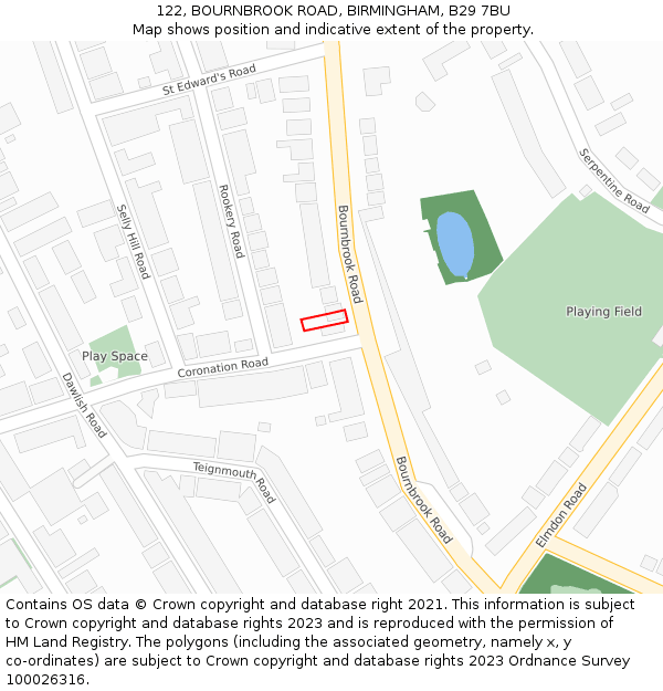 122, BOURNBROOK ROAD, BIRMINGHAM, B29 7BU: Location map and indicative extent of plot