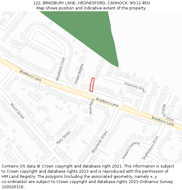 122, BRADBURY LANE, HEDNESFORD, CANNOCK, WS12 4EN: Location map and indicative extent of plot