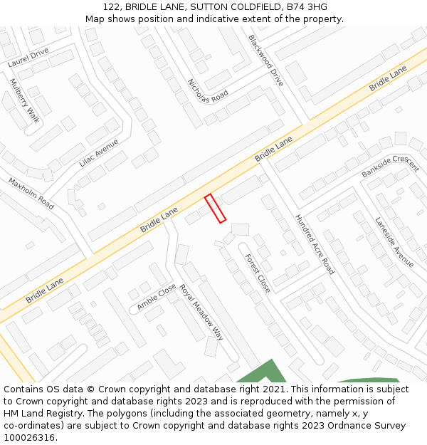 122, BRIDLE LANE, SUTTON COLDFIELD, B74 3HG: Location map and indicative extent of plot