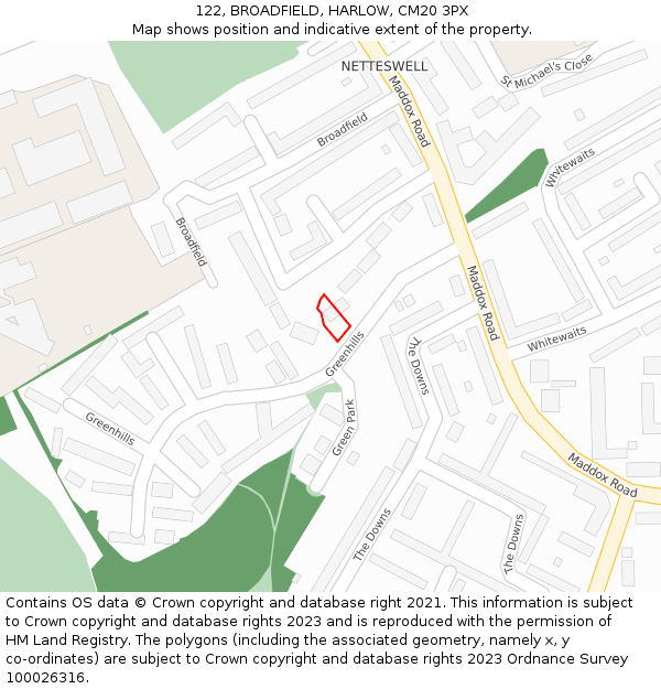 122, BROADFIELD, HARLOW, CM20 3PX: Location map and indicative extent of plot