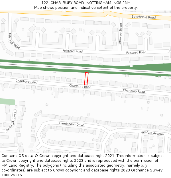 122, CHARLBURY ROAD, NOTTINGHAM, NG8 1NH: Location map and indicative extent of plot