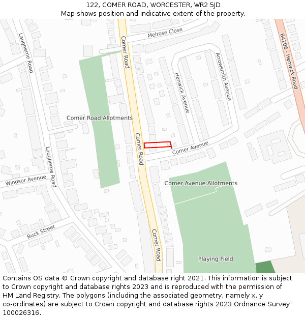 122, COMER ROAD, WORCESTER, WR2 5JD: Location map and indicative extent of plot