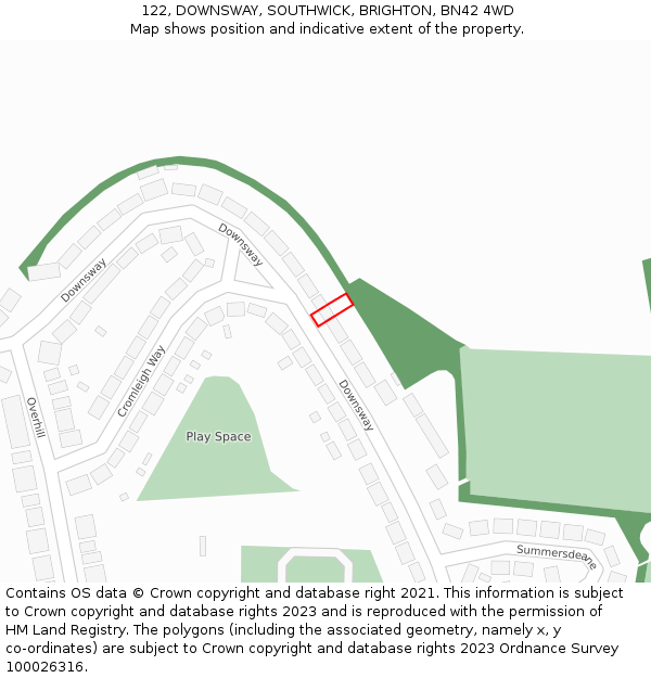 122, DOWNSWAY, SOUTHWICK, BRIGHTON, BN42 4WD: Location map and indicative extent of plot