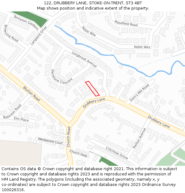 122, DRUBBERY LANE, STOKE-ON-TRENT, ST3 4BT: Location map and indicative extent of plot