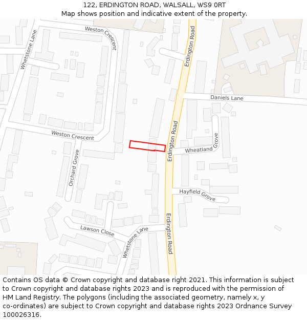 122, ERDINGTON ROAD, WALSALL, WS9 0RT: Location map and indicative extent of plot