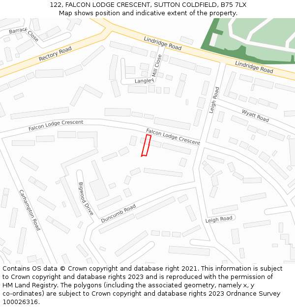 122, FALCON LODGE CRESCENT, SUTTON COLDFIELD, B75 7LX: Location map and indicative extent of plot