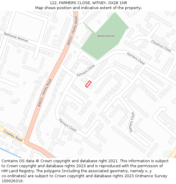 122, FARMERS CLOSE, WITNEY, OX28 1NR: Location map and indicative extent of plot