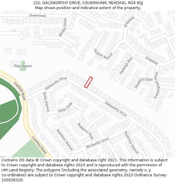 122, GALSWORTHY DRIVE, CAVERSHAM, READING, RG4 6QJ: Location map and indicative extent of plot