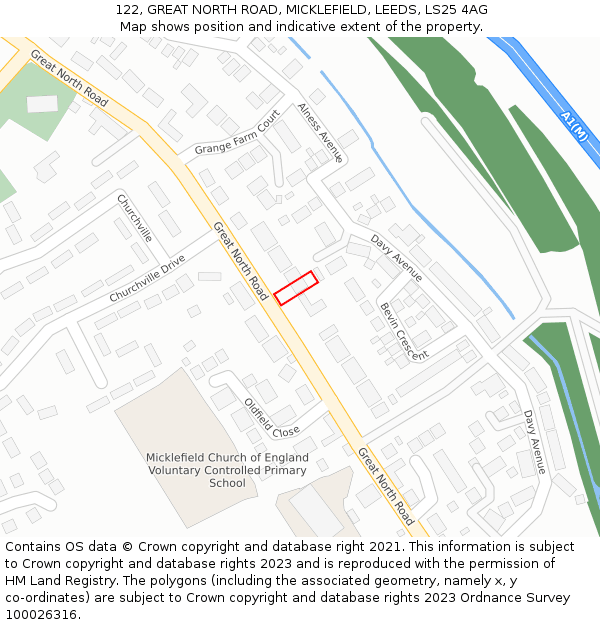 122, GREAT NORTH ROAD, MICKLEFIELD, LEEDS, LS25 4AG: Location map and indicative extent of plot