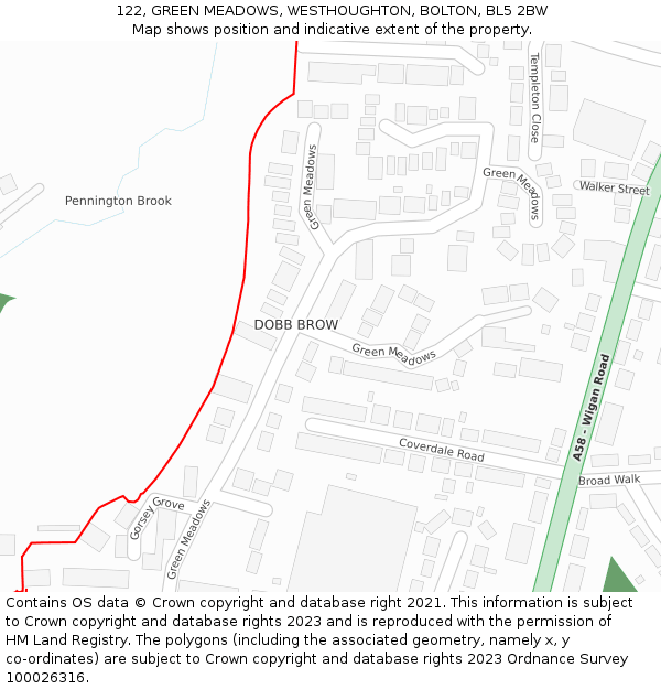 122, GREEN MEADOWS, WESTHOUGHTON, BOLTON, BL5 2BW: Location map and indicative extent of plot