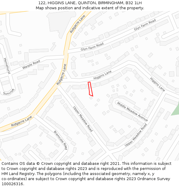 122, HIGGINS LANE, QUINTON, BIRMINGHAM, B32 1LH: Location map and indicative extent of plot