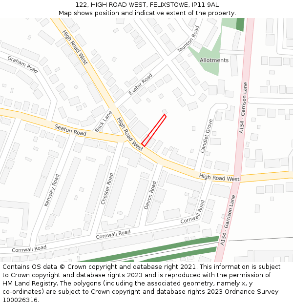 122, HIGH ROAD WEST, FELIXSTOWE, IP11 9AL: Location map and indicative extent of plot