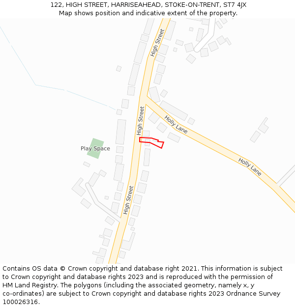 122, HIGH STREET, HARRISEAHEAD, STOKE-ON-TRENT, ST7 4JX: Location map and indicative extent of plot