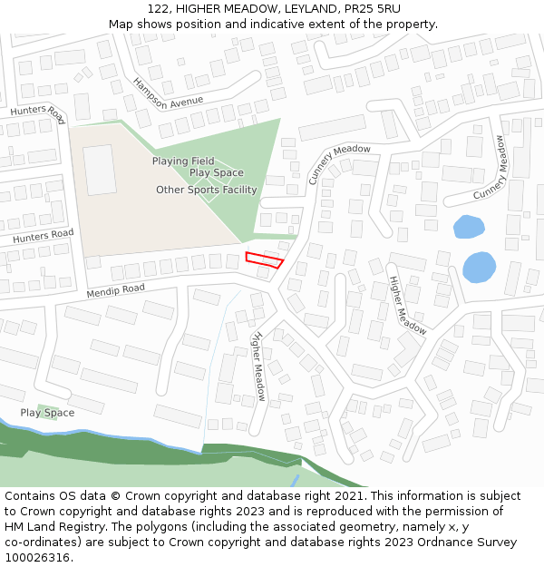 122, HIGHER MEADOW, LEYLAND, PR25 5RU: Location map and indicative extent of plot