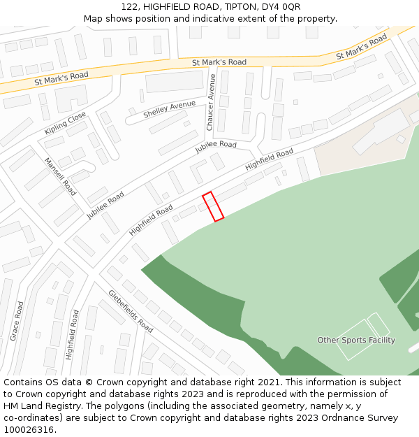 122, HIGHFIELD ROAD, TIPTON, DY4 0QR: Location map and indicative extent of plot