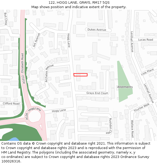 122, HOGG LANE, GRAYS, RM17 5QS: Location map and indicative extent of plot