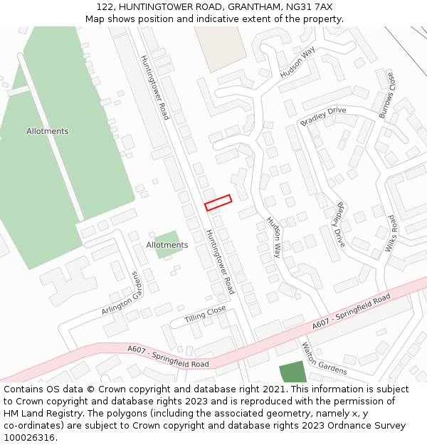 122, HUNTINGTOWER ROAD, GRANTHAM, NG31 7AX: Location map and indicative extent of plot