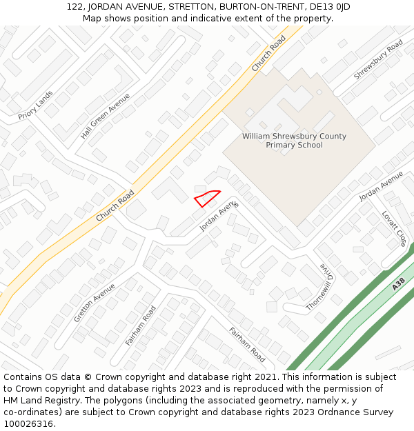 122, JORDAN AVENUE, STRETTON, BURTON-ON-TRENT, DE13 0JD: Location map and indicative extent of plot