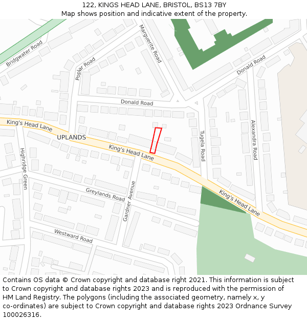 122, KINGS HEAD LANE, BRISTOL, BS13 7BY: Location map and indicative extent of plot