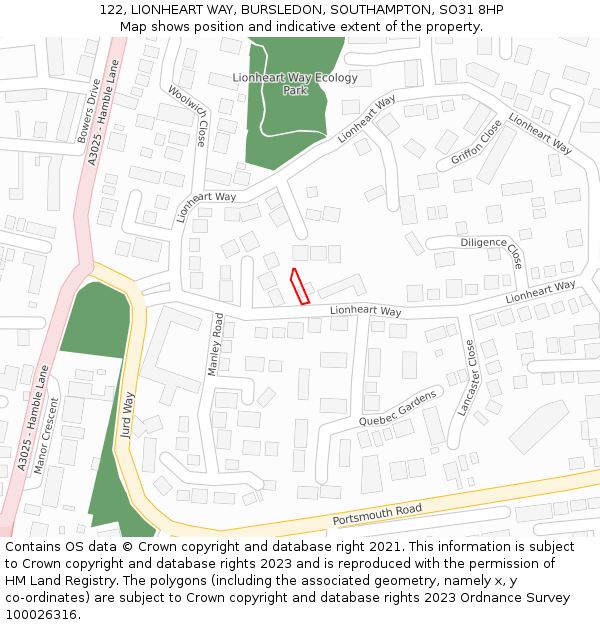122, LIONHEART WAY, BURSLEDON, SOUTHAMPTON, SO31 8HP: Location map and indicative extent of plot