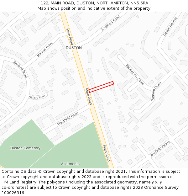 122, MAIN ROAD, DUSTON, NORTHAMPTON, NN5 6RA: Location map and indicative extent of plot