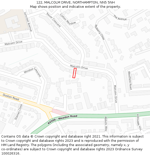 122, MALCOLM DRIVE, NORTHAMPTON, NN5 5NH: Location map and indicative extent of plot