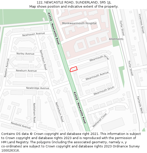 122, NEWCASTLE ROAD, SUNDERLAND, SR5 1JL: Location map and indicative extent of plot