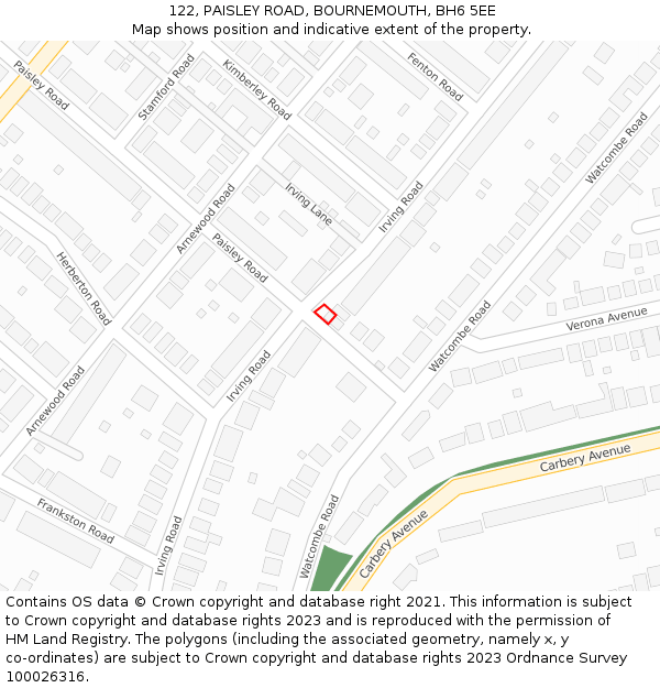 122, PAISLEY ROAD, BOURNEMOUTH, BH6 5EE: Location map and indicative extent of plot