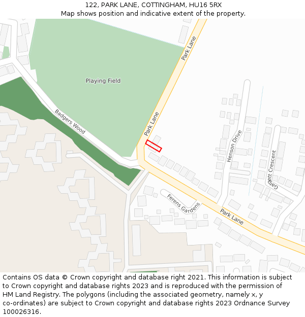 122, PARK LANE, COTTINGHAM, HU16 5RX: Location map and indicative extent of plot