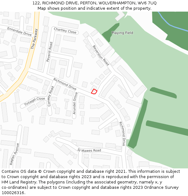 122, RICHMOND DRIVE, PERTON, WOLVERHAMPTON, WV6 7UQ: Location map and indicative extent of plot