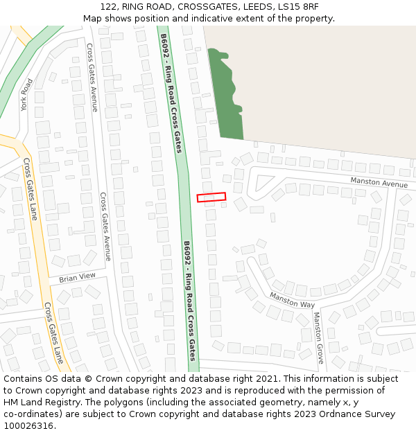 122, RING ROAD, CROSSGATES, LEEDS, LS15 8RF: Location map and indicative extent of plot